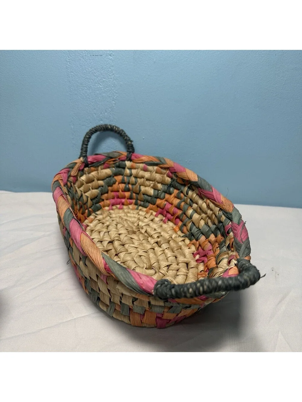 Vintage Hand Woven Oval Seagrass Basket Bowl Boho Two Handles Pink Teal Orange